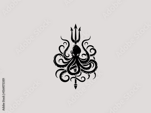 Vintage nautical octopus wrapped around anchor vector logo for seafood restaurants or marinas
