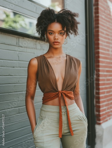 Stylish Woman in Brown Top and Green Pants Posing Outdoors