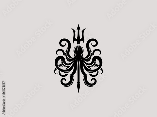 Vintage nautical octopus wrapped around anchor vector logo for seafood restaurants or marinas