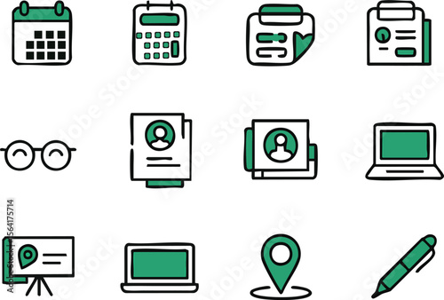 Collection of modern flat icons representing business and planning elements on white background