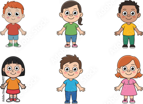 Diverse group of six cartoon children standing together smiling and happy