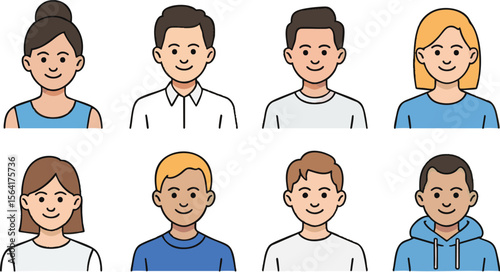 Diverse group of cartoon people portraits showing different genders and hairstyles