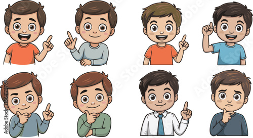 Diverse Cartoon Boys Happy, Thinking, Pointing - Illustration Set