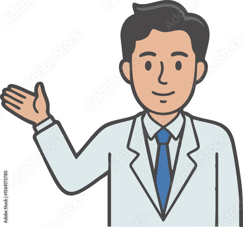 Friendly male doctor in white lab coat gesturing with open palm