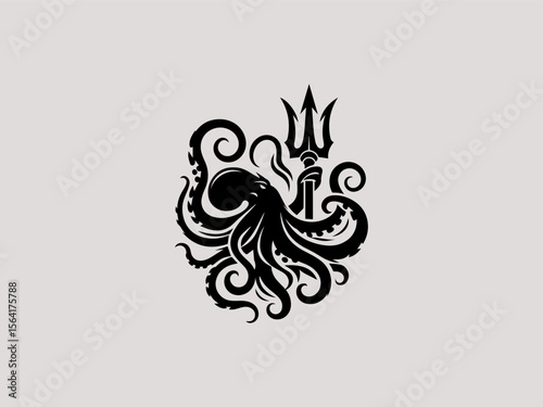 Vintage nautical octopus wrapped around anchor vector logo for seafood restaurants or marinas