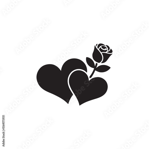 Two hearts and a rose, a simple love icon.A simple, black and white graphic of two intertwined hearts with a rose.
