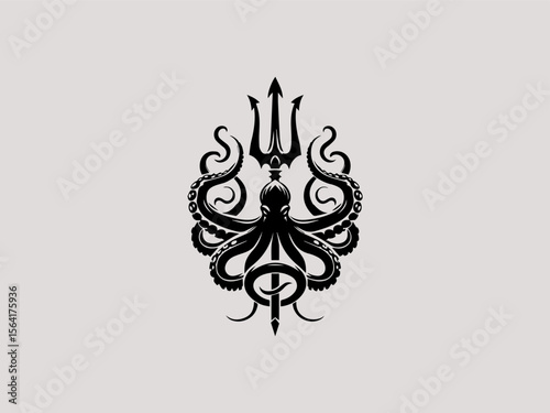 Vintage nautical octopus wrapped around anchor vector logo for seafood restaurants or marinas