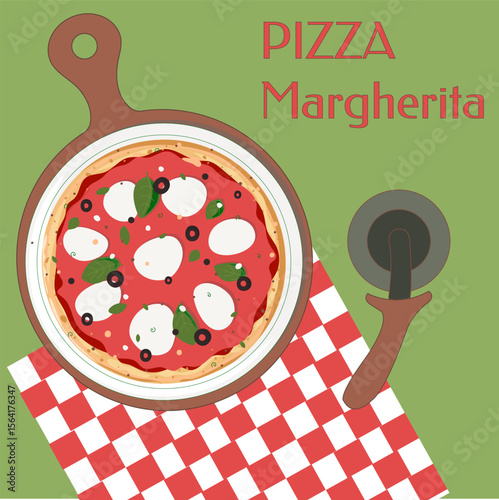 Pizza Margherita on a green background, on a wooden board, pizza knife