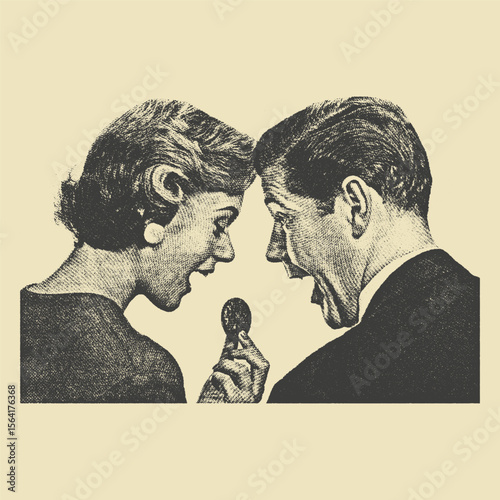  Vintage halftone-style illustration of a joyful couple admiring a candy. Perfect for nostalgic and retro advertising designs.