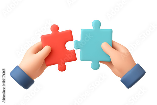 Two cartoon hands hold red and blue jigsaw pieces about to connect