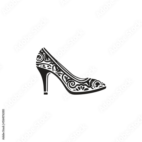 Elegant, Ornate High Heel Shoe Design.A stylized, black and white graphic illustration of a high heel shoe.