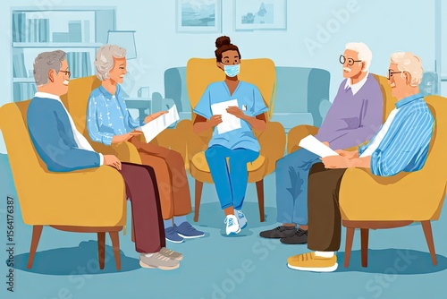 A masked caregiver sits amidst four smiling seniors in yellow armchairs, holding papers, during a meeting in a calming blue room
