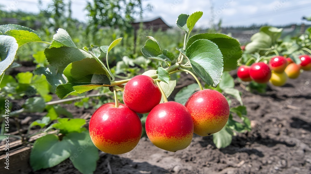 Obraz premium Vibrant Red Apples on Branch in Orchard Setting