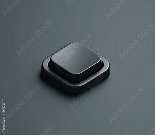 A matte black, square button with rounded edges, slightly raised on a dark gray background; a minimalist, 3D rendered design