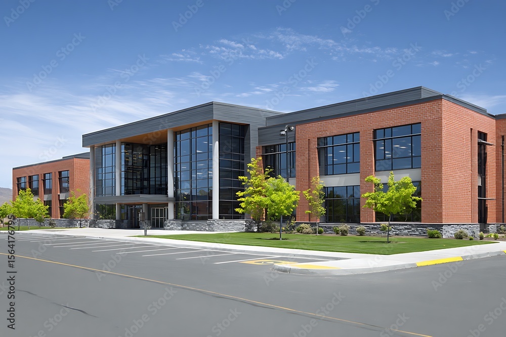 Chic modern school building exterior brick facade blue sky scene
Chic modern school building exterior brick facade blue sky scene