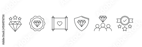 Set of Core Values line icon collection. Values, outcome, result, award, diamond, goal symbol.