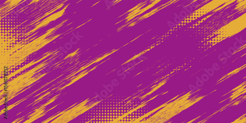 Abstract Sports Background with Yellow and Purple Brush Texture and Halftone Effect. Dirty Grunge Background
