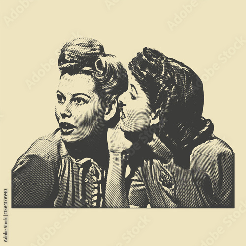 Vintage halftone illustration of two women gossiping, one whispering while the other listens with surprise.