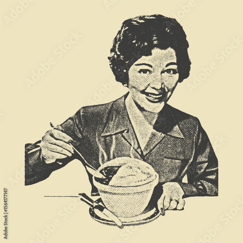 A smiling woman in a vintage illustration enjoying a bowl of hot food, showcasing retro food culture and home-cooked meals.