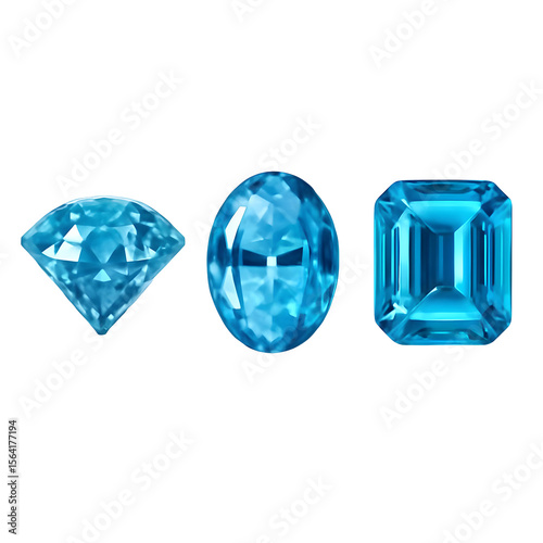 Three blue gemstones round, oval, emerald cut, isolated on black