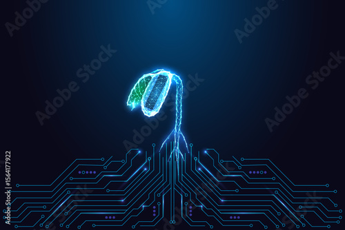 Digital sustainability crisis concept with wilting plant and circuit board in low poly vector style