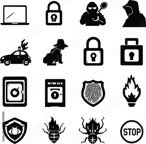 Vector security icons set: theft, crime, protection, safety, lock, police, and more security elements