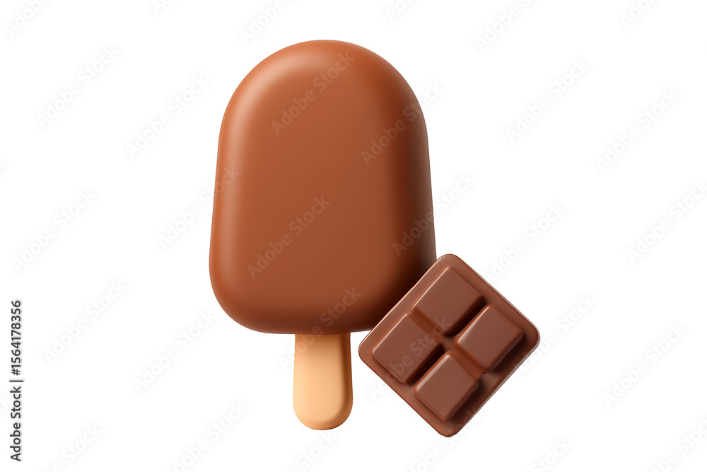 Obraz premium Cartoon brown ice cream bar with wood stick, beside chocolate