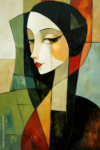 Abstract Cubist Portrait of a Stylish Woman with Vibrant Geometric Patterns featuring a striking artwork of a woman’s face