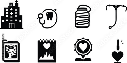 Medical healthcare icons vector set hospital dentist heart stethoscope x ray and more health symbols 100
