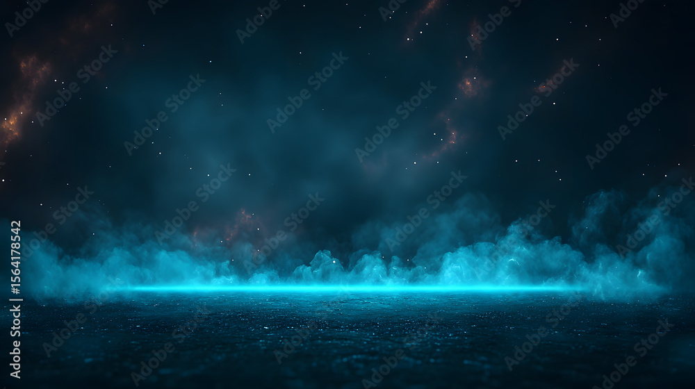 Obraz premium Ethereal Cosmic Landscape with Glowing Blue Mist and Distant Starry Nebula
