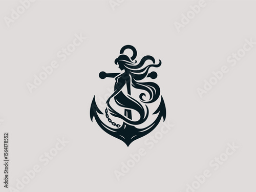 Minimalist mermaid silhouette wrapped around anchor vector logo for tattoo studios