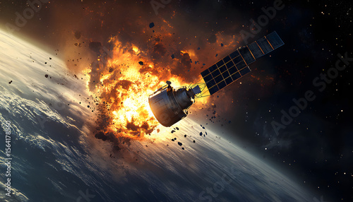 Explosive Satellite Destruction in Space with Earth and Fiery Debris showcasing a dramatic space explosion of a satellite