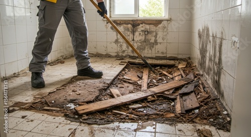 Demolition of Damaged Bathroom Worker Removes Floorboards, Reveals Mold, and Tile Damage.