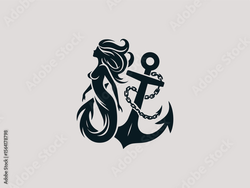 Minimalist mermaid silhouette wrapped around anchor vector logo for tattoo studios