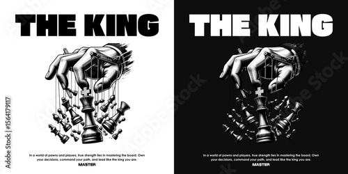 "The King's Control: A compelling illustration of a hand manipulating chess pieces, symbolizes power and control, with a conceptual representation of the 'The King'."
