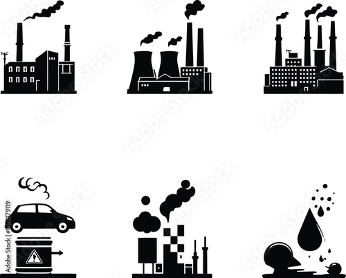 Pollution environmental damage vector illustration factories car oil spill climate change icons set design 100