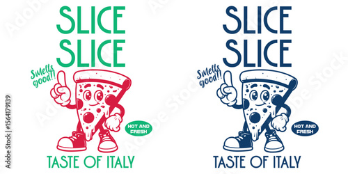 "Slice Slice: A cheerful slice of pizza, ready to deliver a taste of Italy, stands proudly, and makes a visual statement of the brand's unique and cheerful approach. 