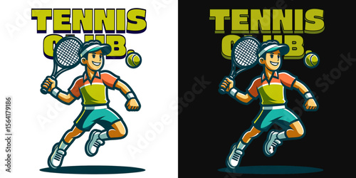 Tennis Enthusiast Logo: A dynamic logo showcases a cartoon tennis player, poised mid-action with racket and ball, embodying energy and the spirit of the game.