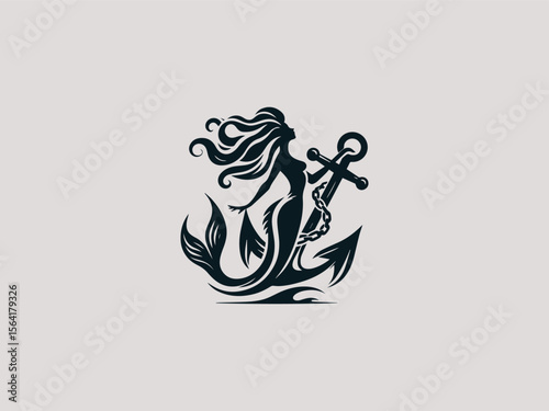 Minimalist mermaid silhouette wrapped around anchor vector logo for tattoo studios