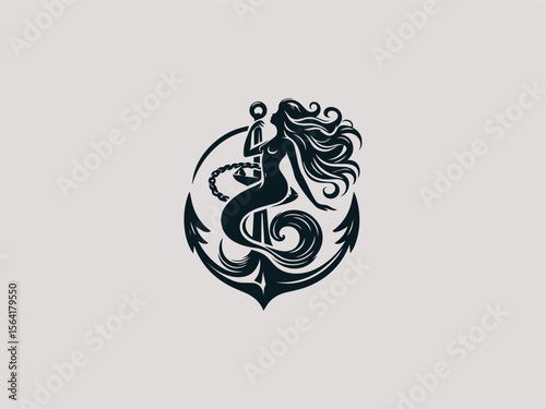 Minimalist mermaid silhouette wrapped around anchor vector logo for tattoo studios