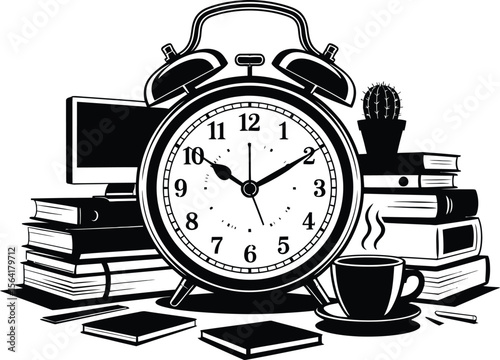 Alarm clock time management study books computer coffee cactus vector illustration design for print
