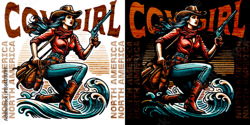 Cowgirl in Action: An illustrative image of a determined cowgirl, a symbol of strength and adventure, portrayed in dynamic movement, embodies the essence of the wild west.