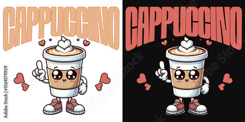 Coffee's Cute Character: A charming illustration of a cartoon coffee cup, radiating joy, with hearts and whipped cream delighting the viewer, with two option.