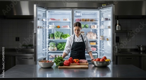 Chef in Commercial Kitchen with Open Fridge, Vegetables, Meat, and Professional Equipment.