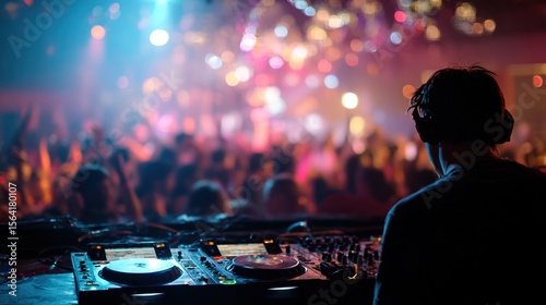 A DJ skillfully mixes tracks at a crowded electronic dance music event, surrounded by colorful lights and an energetic audience dancing and enjoying the music. High quality