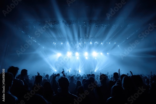 A crowded concert hall with scene stage lights in blue tones, rock show performance, with people silhouette, on dance floor air during a concert festival. High quality