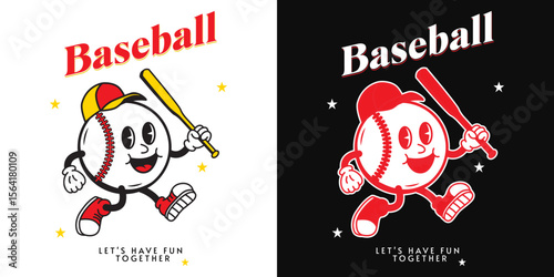 Playful Baseball Mascot in Dynamic Pose: An animated baseball character with a cheerful smile and a determined stride, holding a wooden bat, ready for action.