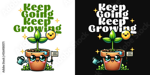 Keep Growing Illustration: This artistic creation showcases a young plant thriving in a flower pot, symbolizing continuous personal development and the pursuit of dreams.