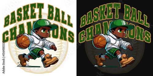 Basketball Champion Mascot: A dynamic cartoon mascot embodying the spirit of basketball champions, dribbling a ball with confident stride and determination.