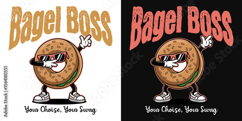 Bagel Boss Dabbing Cartoon: A fun, cartoon illustration of a bagel character doing the dab dance, wearing sunglasses and sneakers. Two versions are provided.